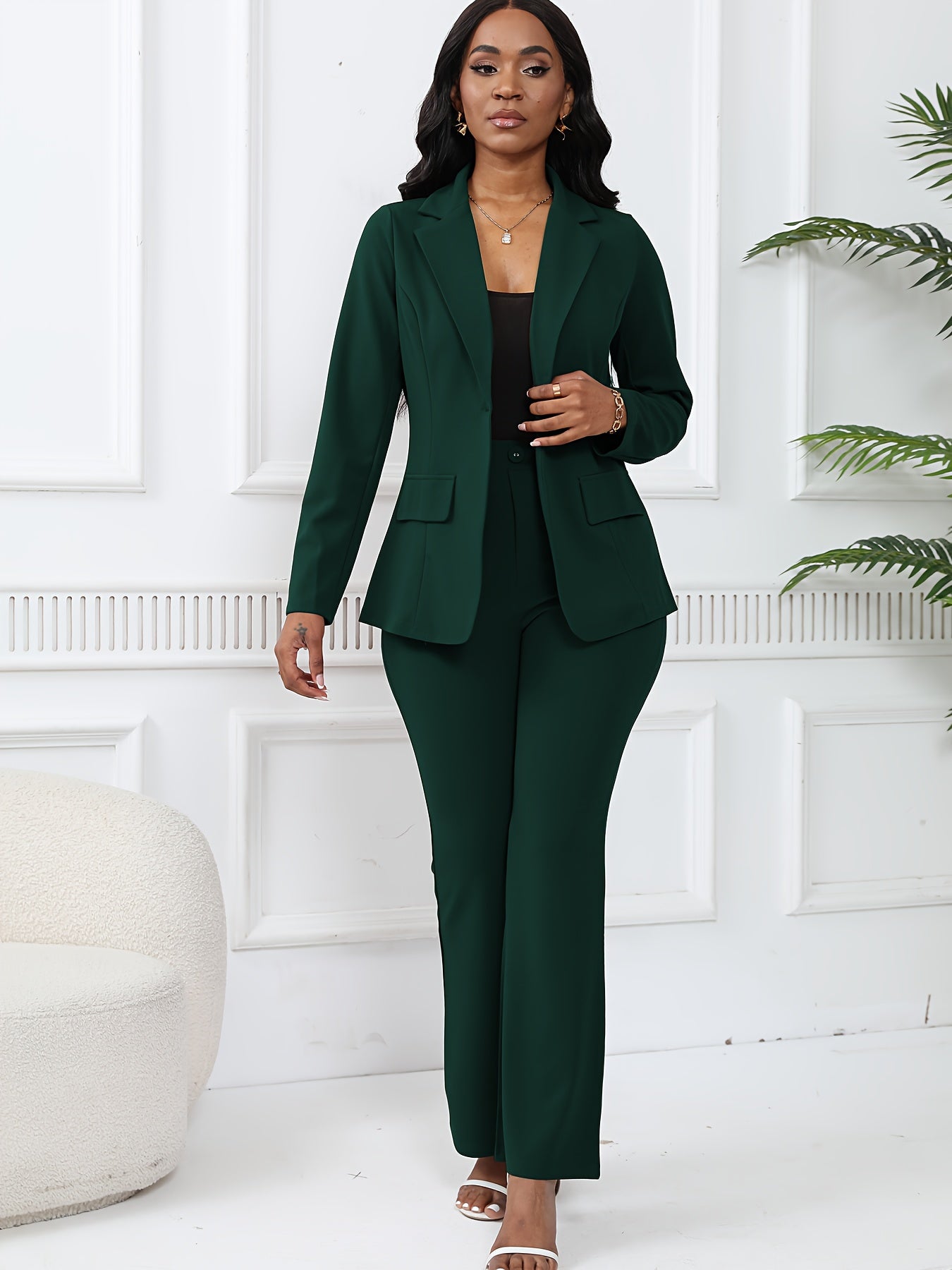 Elegant Solid Slim-Fit Two Piece Set, Single-Breasted Lapel Neck Blazer & Pants Outfits For Office & Work, Women's Clothing