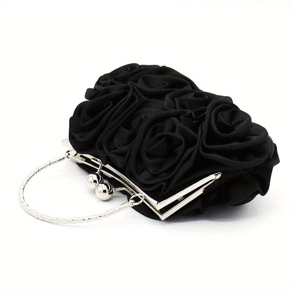 Elegant Floral Fabric Clutch with Kiss Lock Closure, Polyester Lined Evening Handbag for Women - Perfect for Weddings, Parties & Formal Events, Wedding Purse | Floral Embellished Purse | Soft Pink Roses Design