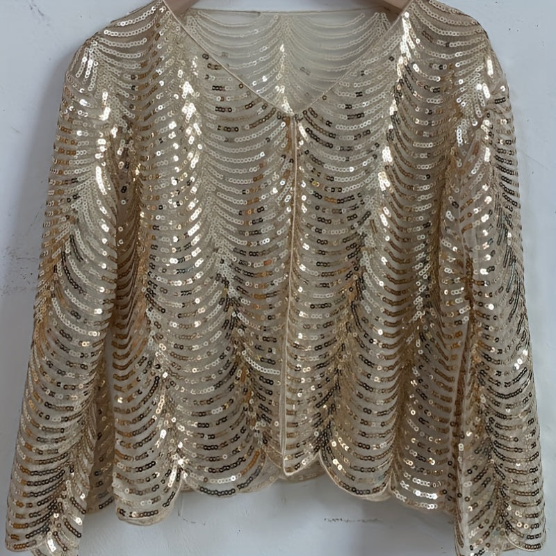 [Sequined Qipao Cardigan] Sequined Long-sleeved Jacket - Women's Qipao Cardigan with Hollowed-out Embroidery Lace Shawl Sunscreen Cover-up
