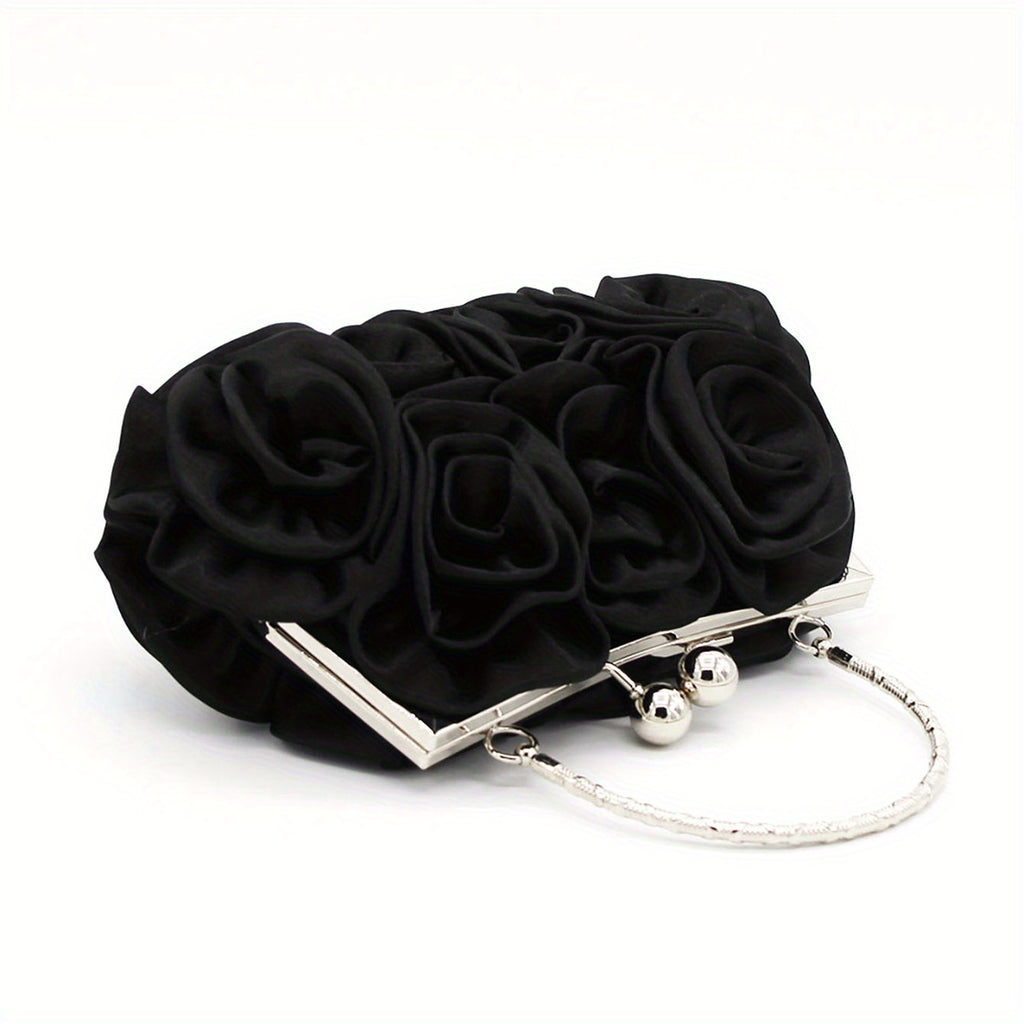 Elegant Floral Fabric Clutch with Kiss Lock Closure, Polyester Lined Evening Handbag for Women - Perfect for Weddings, Parties & Formal Events, Wedding Purse | Floral Embellished Purse | Soft Pink Roses Design