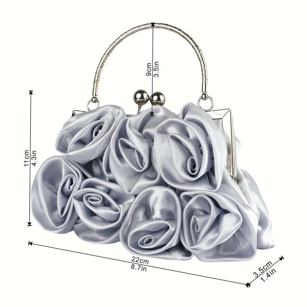 Elegant Floral Fabric Clutch with Kiss Lock Closure, Polyester Lined Evening Handbag for Women - Perfect for Weddings, Parties & Formal Events, Wedding Purse | Floral Embellished Purse | Soft Pink Roses Design