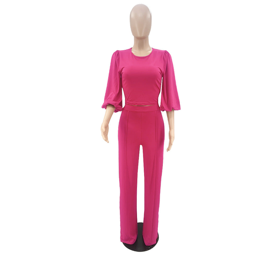 Women's Solid Color Slim Elastic Pleated Two-Piece Suit Sexy  Pants Suit