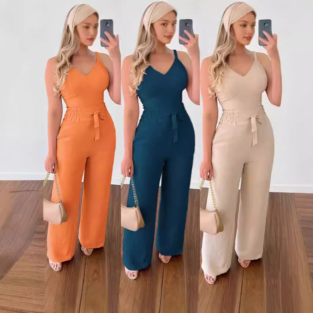 Women's Solid Color Slim Elastic Pleated Two-Piece Suit Sexy  Pants Suit