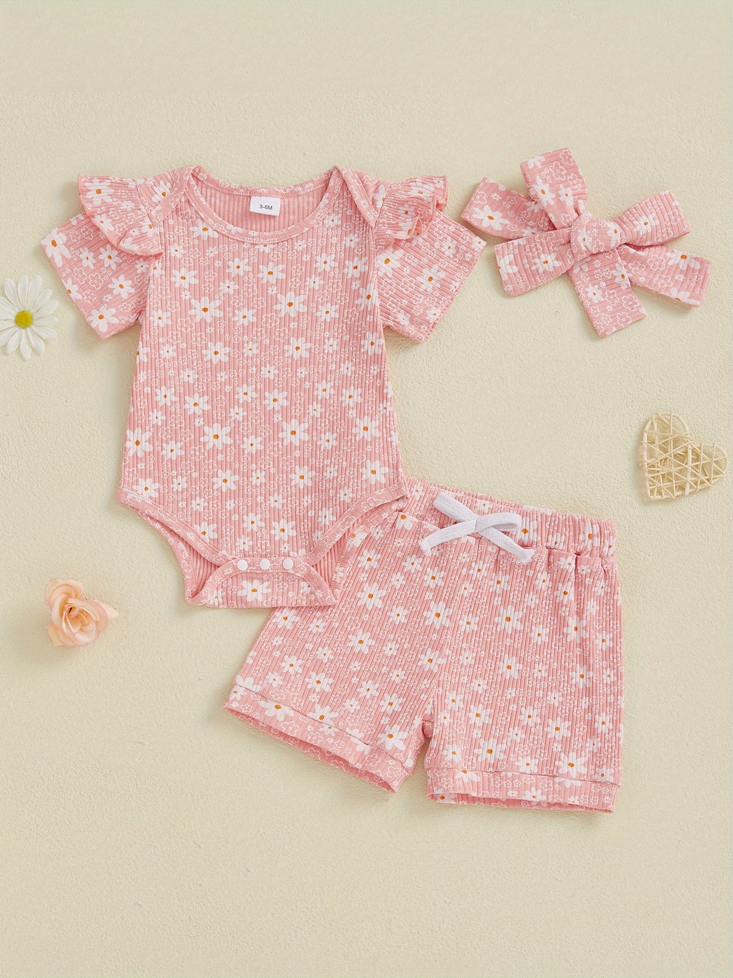 Baby Girl Summer Outfits Floral Print Crew Neck Short Sleeve Romper Shorts Headband 3pcs Clothes Set