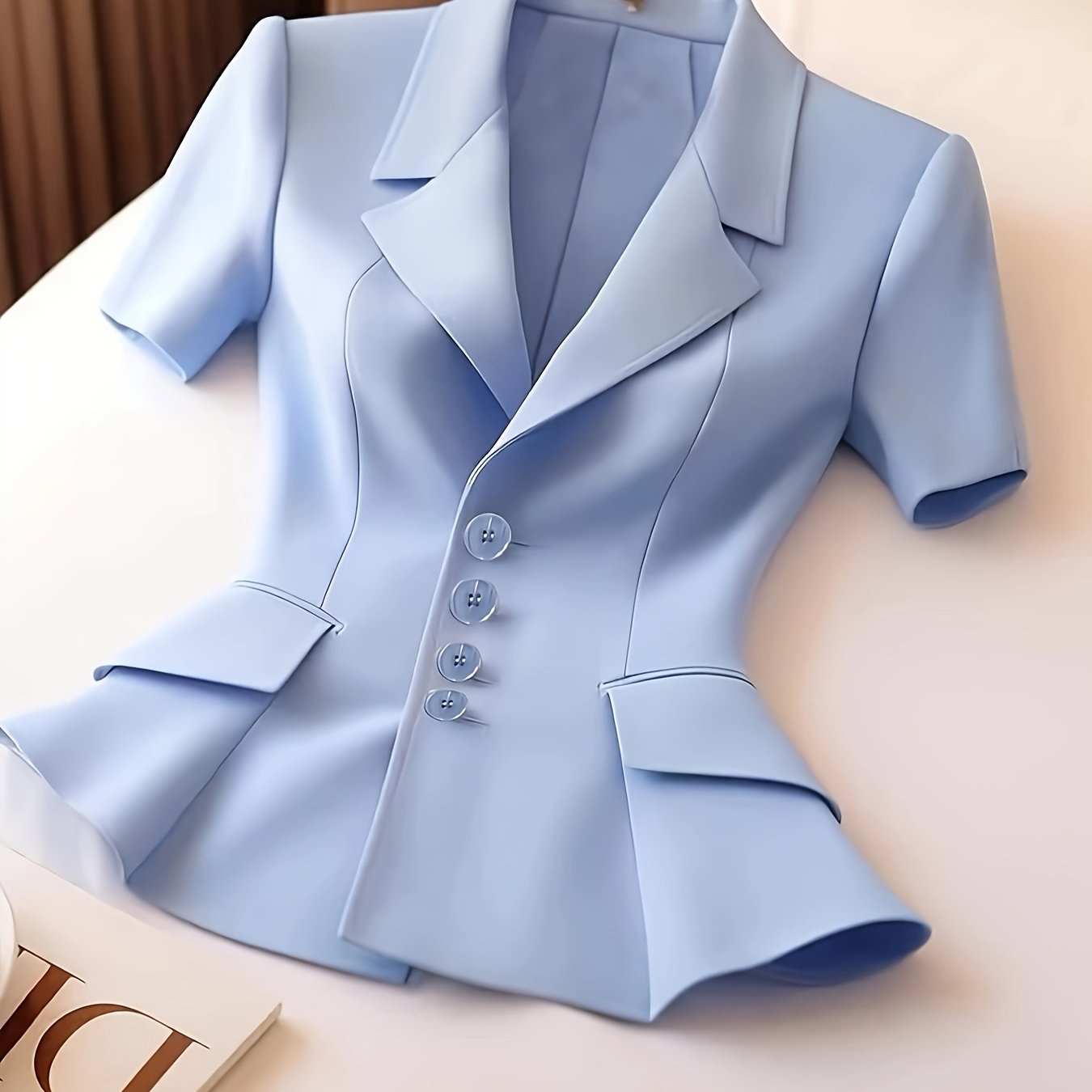 Elegant Women's Slimming Pink Blazer - Chic Short Sleeve, Button Front Jacket with Ruffled Hem, Polyester, Non-Sheer - Perfect for Office & Casual Wear
