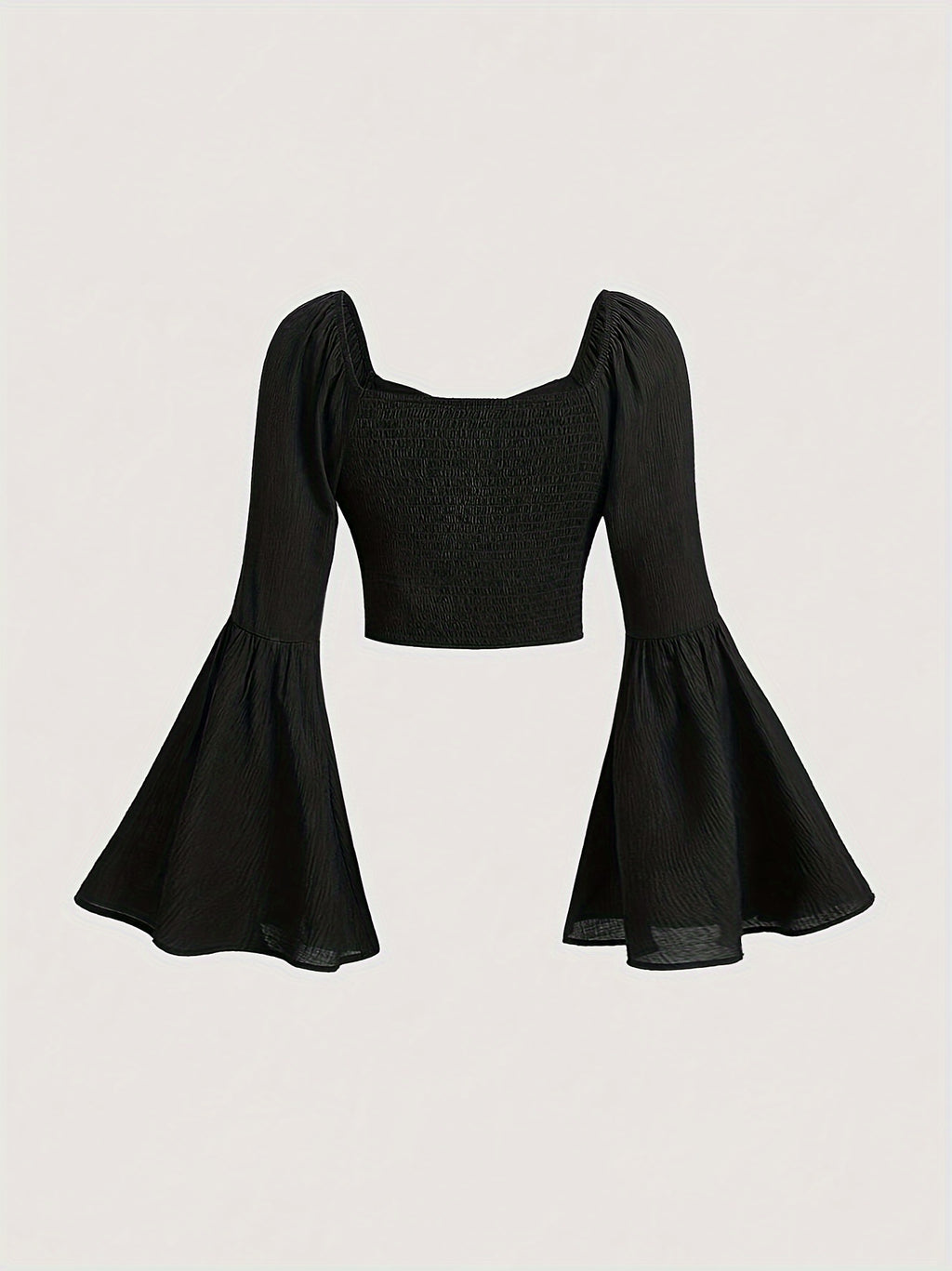 Vibrant Square Neck Ruched Crop Top - Women's Blouses with Long Flare Sleeves, Casual Chic Design for Spring & Fall Seasons, Soft Comfortable Fabric, Easy to Pair with Jeans or Skirts