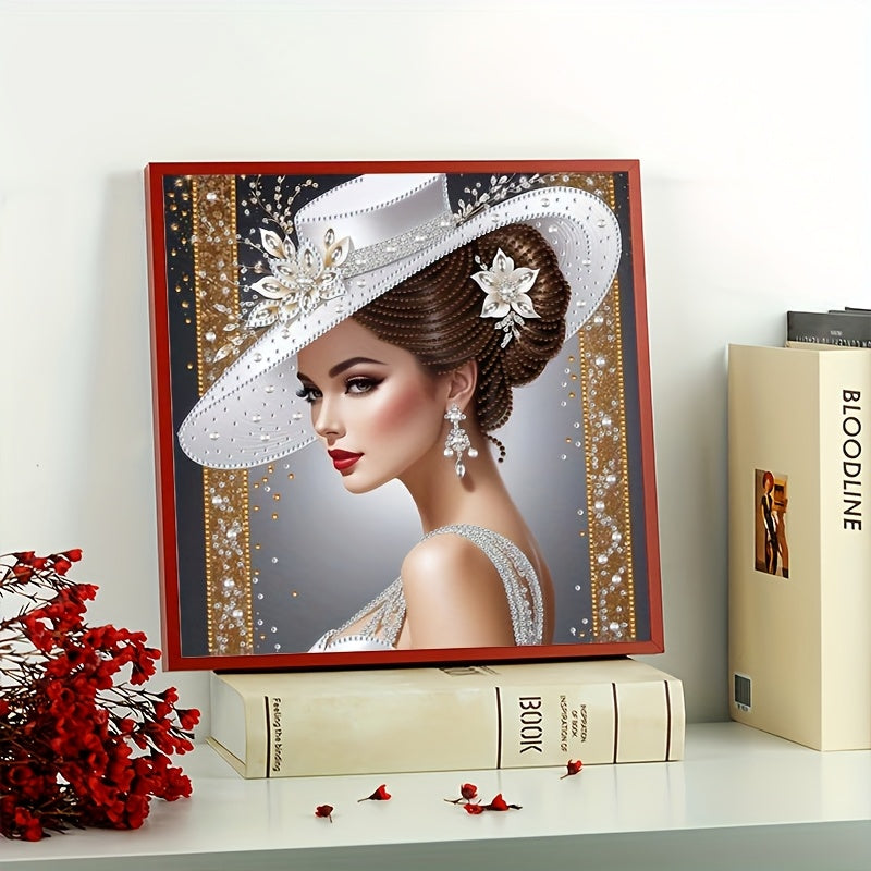 Elegant white sunshade hat Women's pattern diamond painting set, partially decorated with special shape crystal rhinestone home wall decoration DIY technology, (no border)