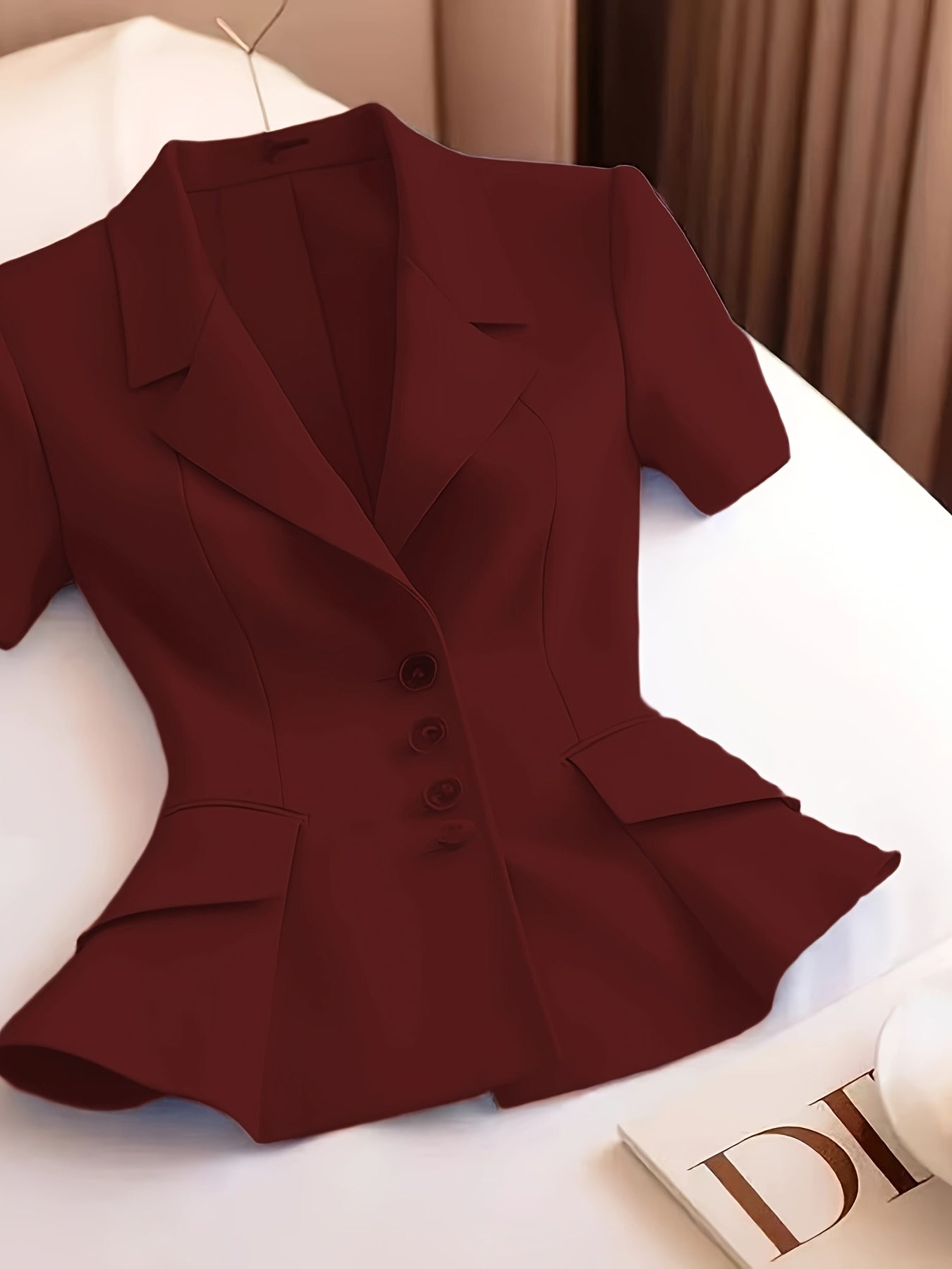 Elegant Women's Slimming Pink Blazer - Chic Short Sleeve, Button Front Jacket with Ruffled Hem, Polyester, Non-Sheer - Perfect for Office & Casual Wear