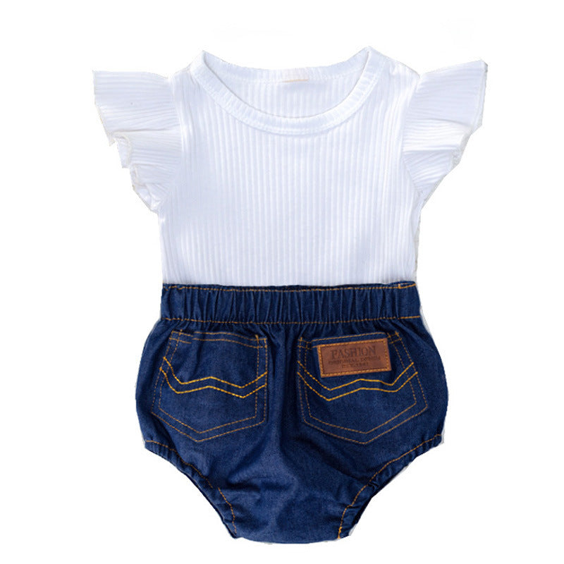 Western Style Solid Color Children's Clothing Baby Girl European And American Short Sleeve Triangle Suit