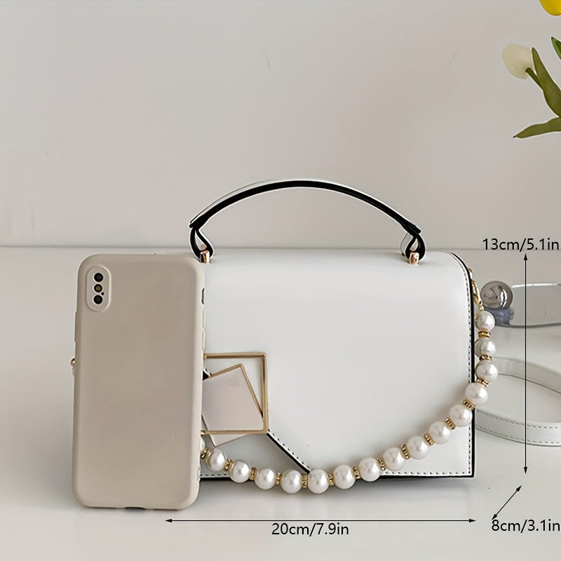 Fashion Square Handbag For Women, Faux Pearl Chain Decor Crossbody Bag, Metal Decor Flap Purse With Top Handle