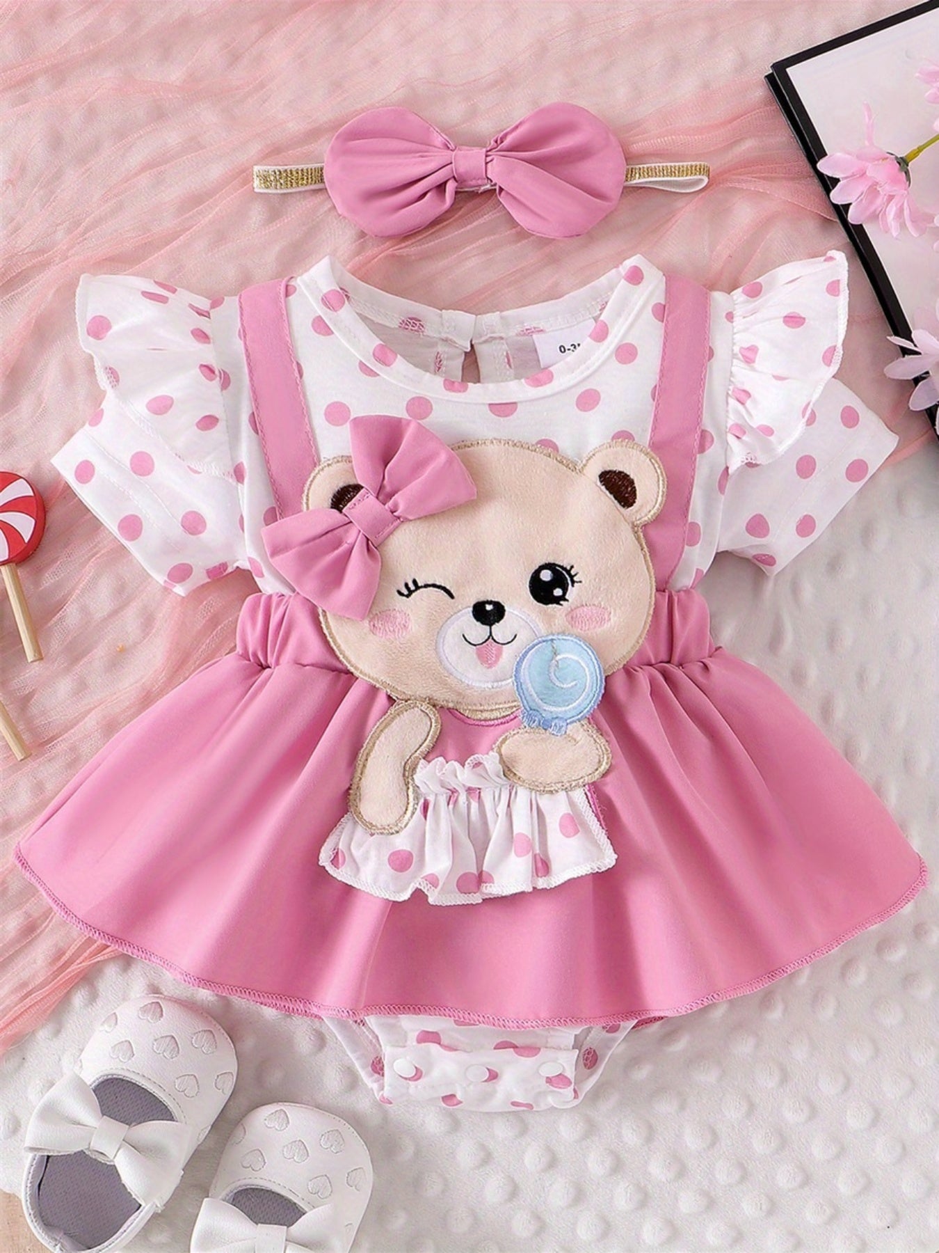 0- Cute Little Girl Summer Set Bear Embroidered Hoodie with Bow Headband and Short Sleeve jumpsuit, for Outdoor