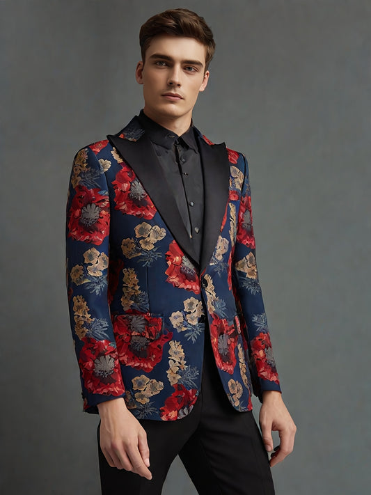 Men's Red Floral Jacquard Blazers Slim Fit Elegant Tuxedo Suit Blazer Jacket Fashion New Men Prom Party Wedding Stage Singer Costume