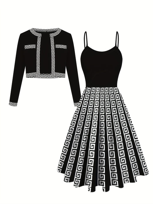 Plus Size Two-Piece Set - Elegant Cardigan Jacket and Geometric Suspender Dress - Knit Polyester with Elastane, Machine Washable