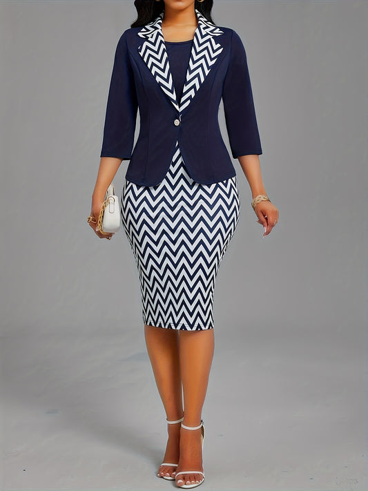[Elegant Geo Print] Two-piece Skirt Set - Elegant Geo Print, Button Front Blazer & High Waist Bodycon Skirt - Women's Clothing