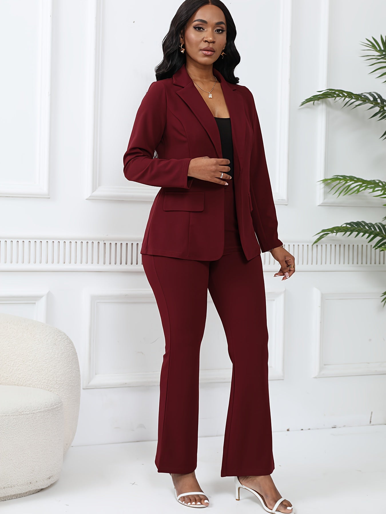 Elegant Solid Slim-Fit Two Piece Set, Single-Breasted Lapel Neck Blazer & Pants Outfits For Office & Work, Women's Clothing