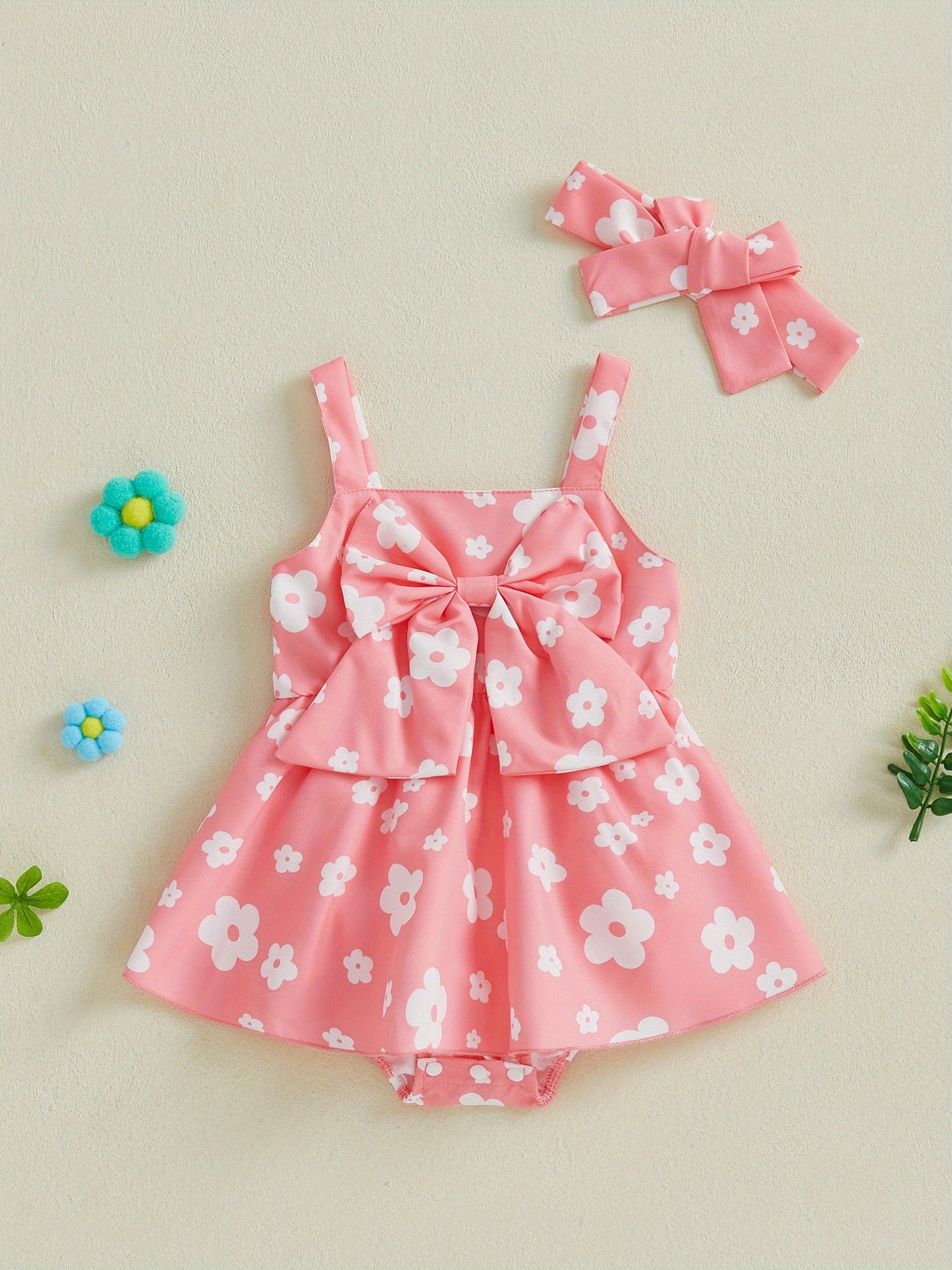 Baby Girl Summer Outfits Sleeveless Square Neck Bow Front Romper with Headband Set Newborn Clothes