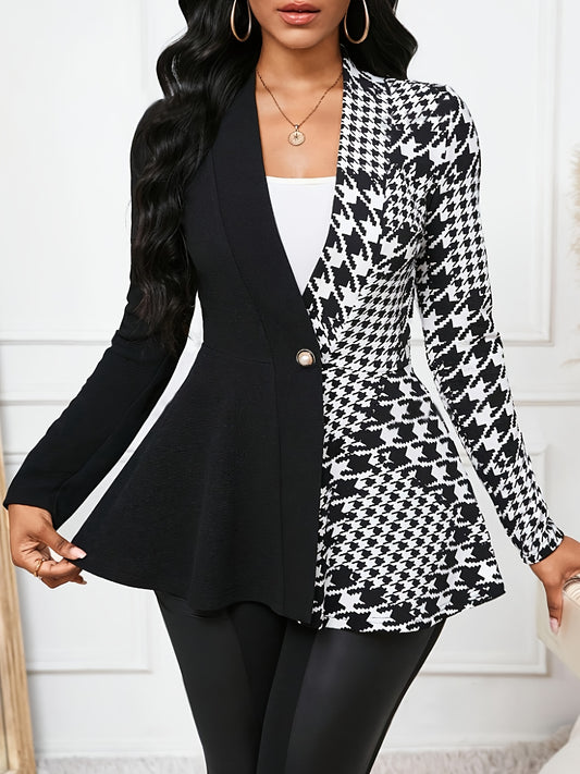 Office Ready, Women's Elegant Houndstooth Color Block Jacket - Chic Single-Breasted Long Sleeve, Polyester, Machine Washable, Ideal for Spring/Fall Fashion