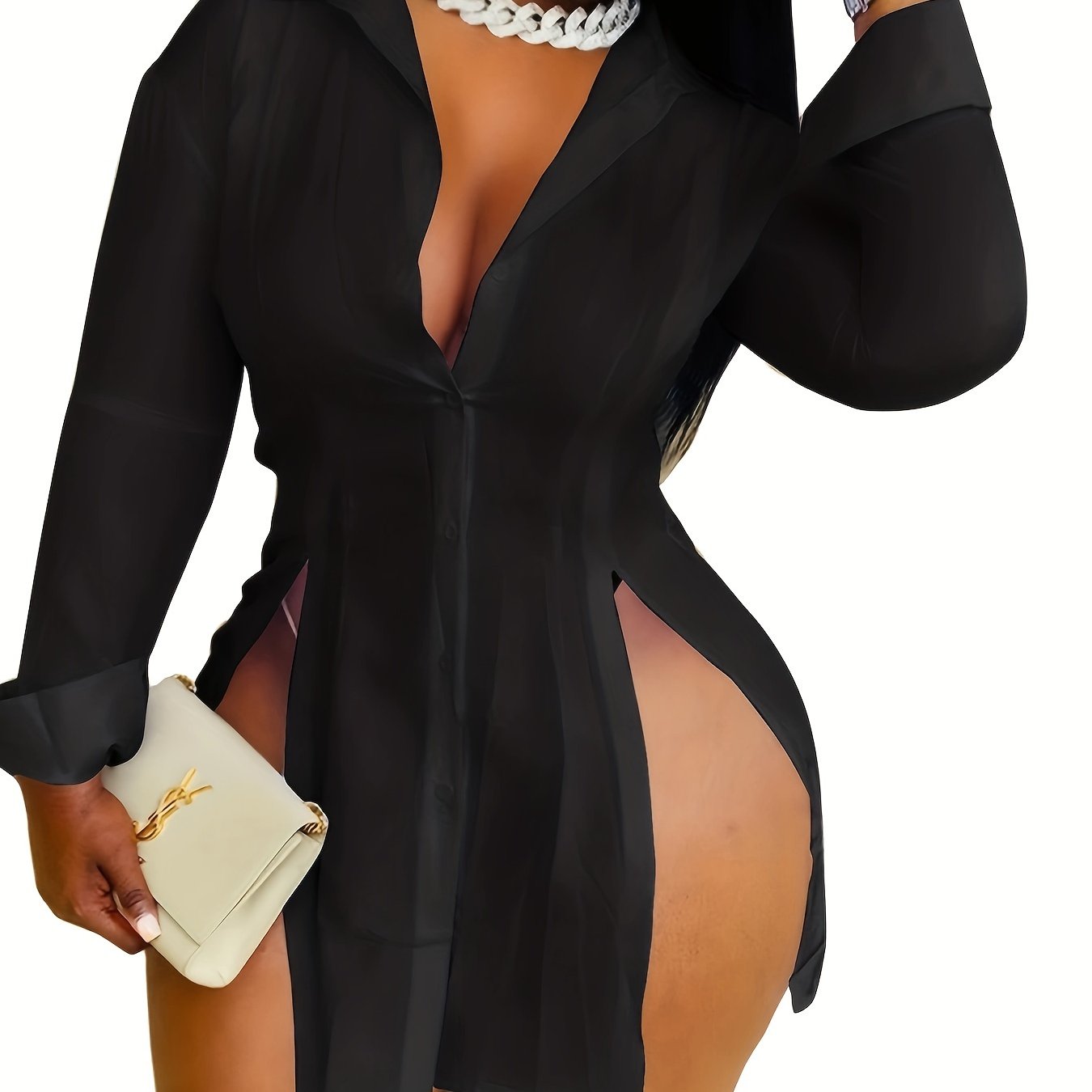 Women Button Down Shirts Dress Sexy Side Split Casual Long Sleeve Collared Slim Fit Blouses Tops