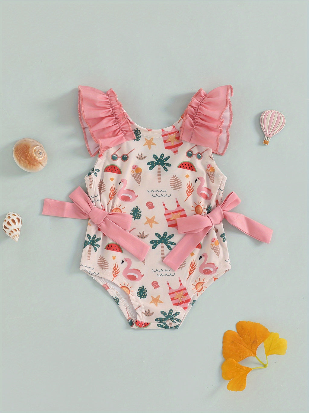 Toddler Girl Summer Tank Swimsuit Shell Print Romper Sleeveless U-Neck Bathing Suit Ruffled Beachwear