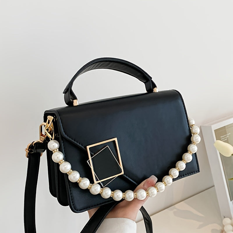 Fashion Square Handbag For Women, Faux Pearl Chain Decor Crossbody Bag, Metal Decor Flap Purse With Top Handle