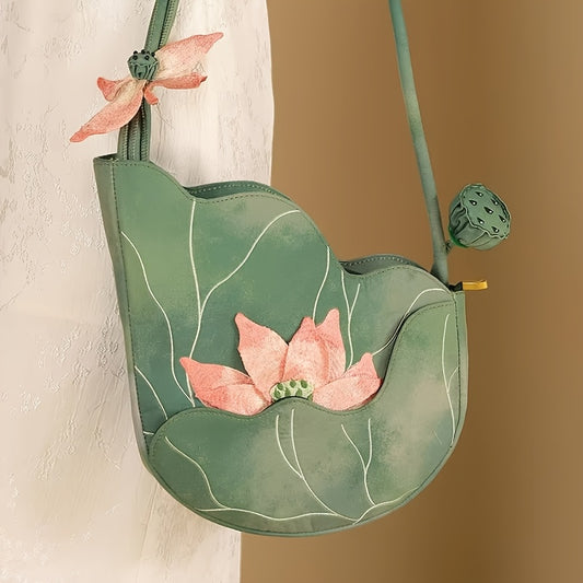 2025 New Chinese Style Women's Shoulder Bag - Exquisite Floral Embroidery Designer Handbag with Green & Pink for Lotus & Dragonfly, Zipper Closure, Lightweight Polyester Lining, Durable Oxford Fabric, Elegant Country Handbag