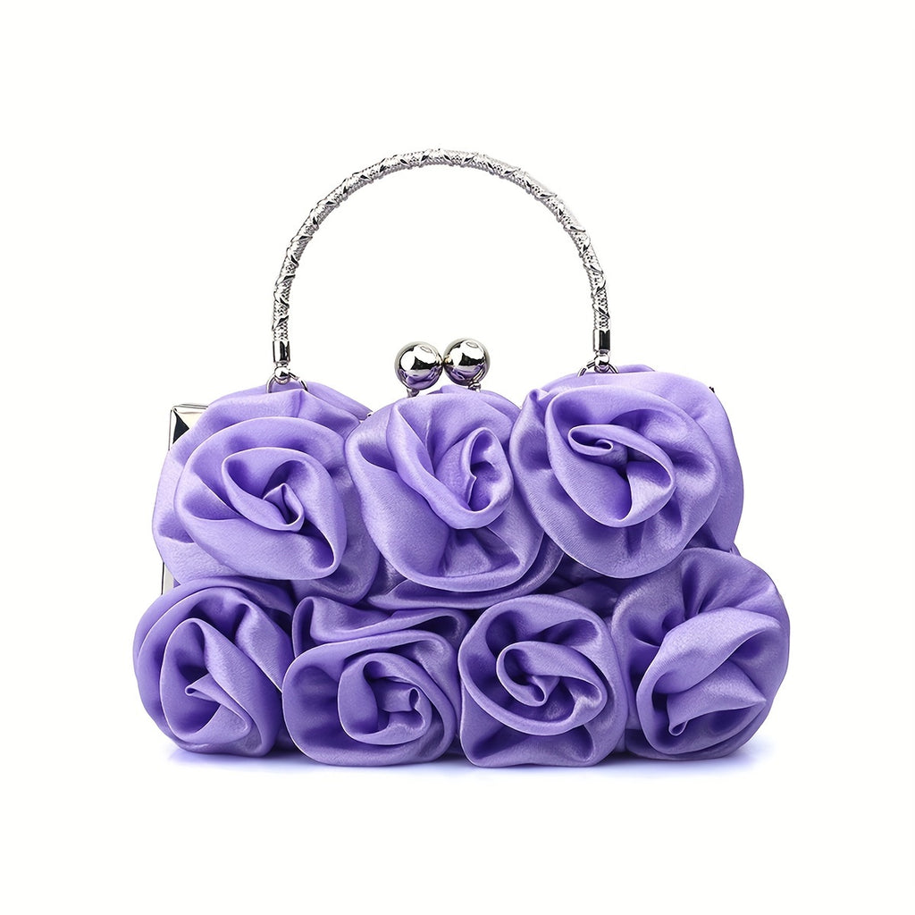 Elegant Floral Fabric Clutch with Kiss Lock Closure, Polyester Lined Evening Handbag for Women - Perfect for Weddings, Parties & Formal Events, Wedding Purse | Floral Embellished Purse | Soft Pink Roses Design