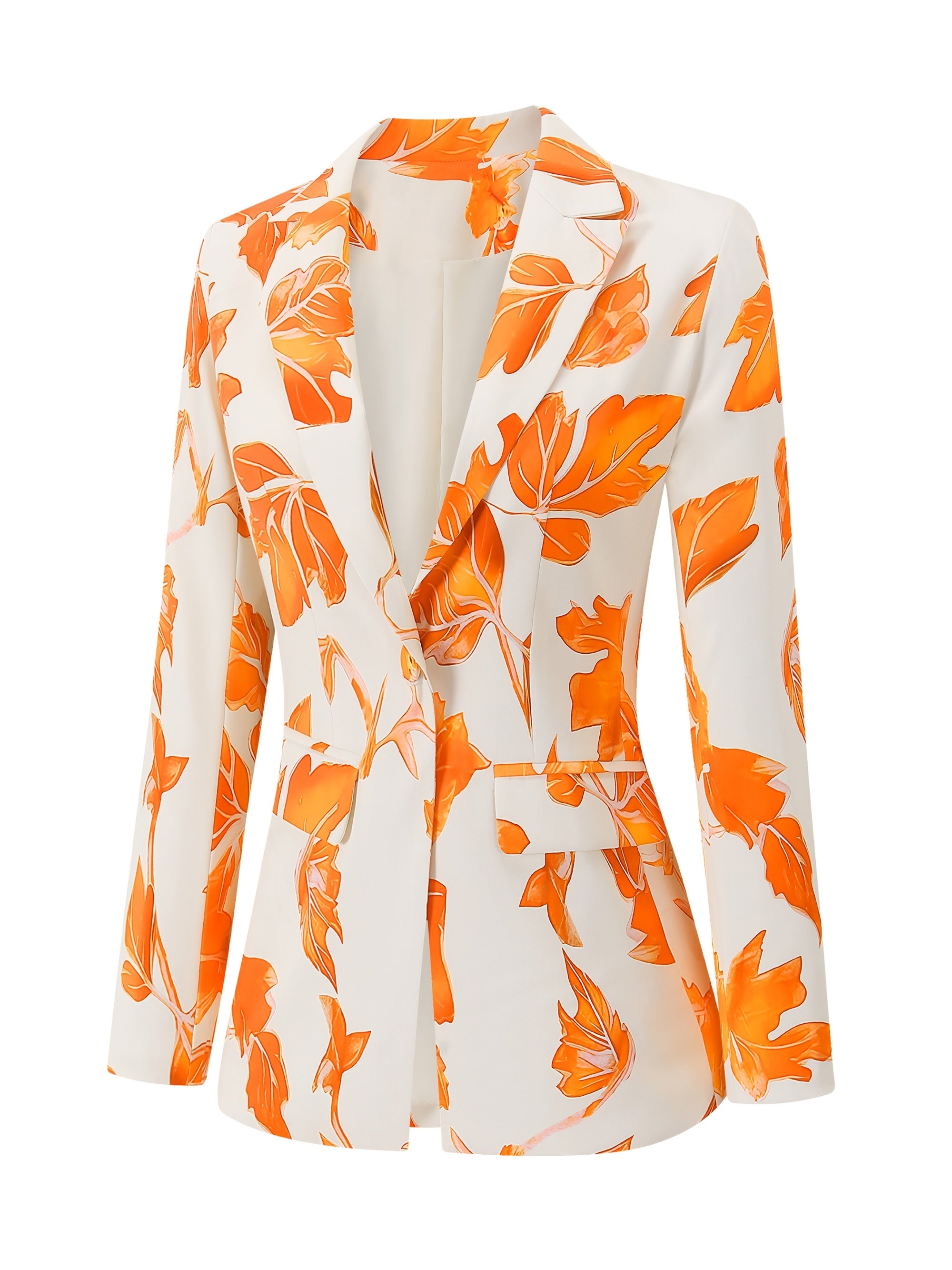 Elegant Women'S Blazer with Vibrant Orange Leaf Print - Single-Breasted Long Sleeve Jacket, Double Pockets, Smooth Polyester Fabric, All-Season Versatile Style, Ladies Blazers