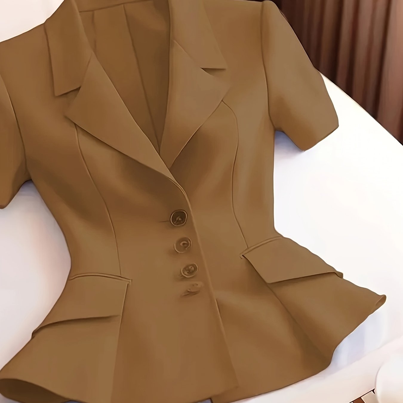 Elegant Women's Slimming Pink Blazer - Chic Short Sleeve, Button Front Jacket with Ruffled Hem, Polyester, Non-Sheer - Perfect for Office & Casual Wear