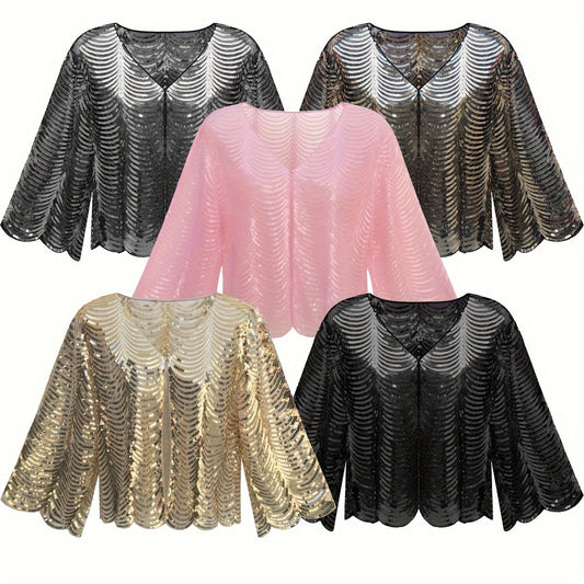 [Sequined Qipao Cardigan] Sequined Long-sleeved Jacket - Women's Qipao Cardigan with Hollowed-out Embroidery Lace Shawl Sunscreen Cover-up