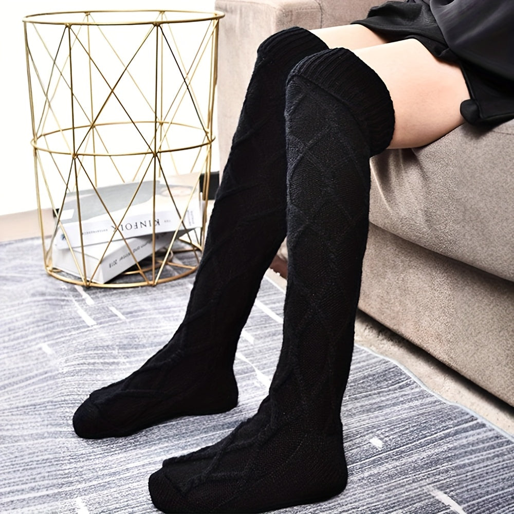 [Soft Knee Socks] Soft and Comfortable Over the Knee Socks - Medium Tube, Diamond Check Pattern, Long Knitted Thigh Socks - Suitable for Matching Skirts, Jeans, Boots, Ideal Gift for Mother's Day, Birthday Gift for Women