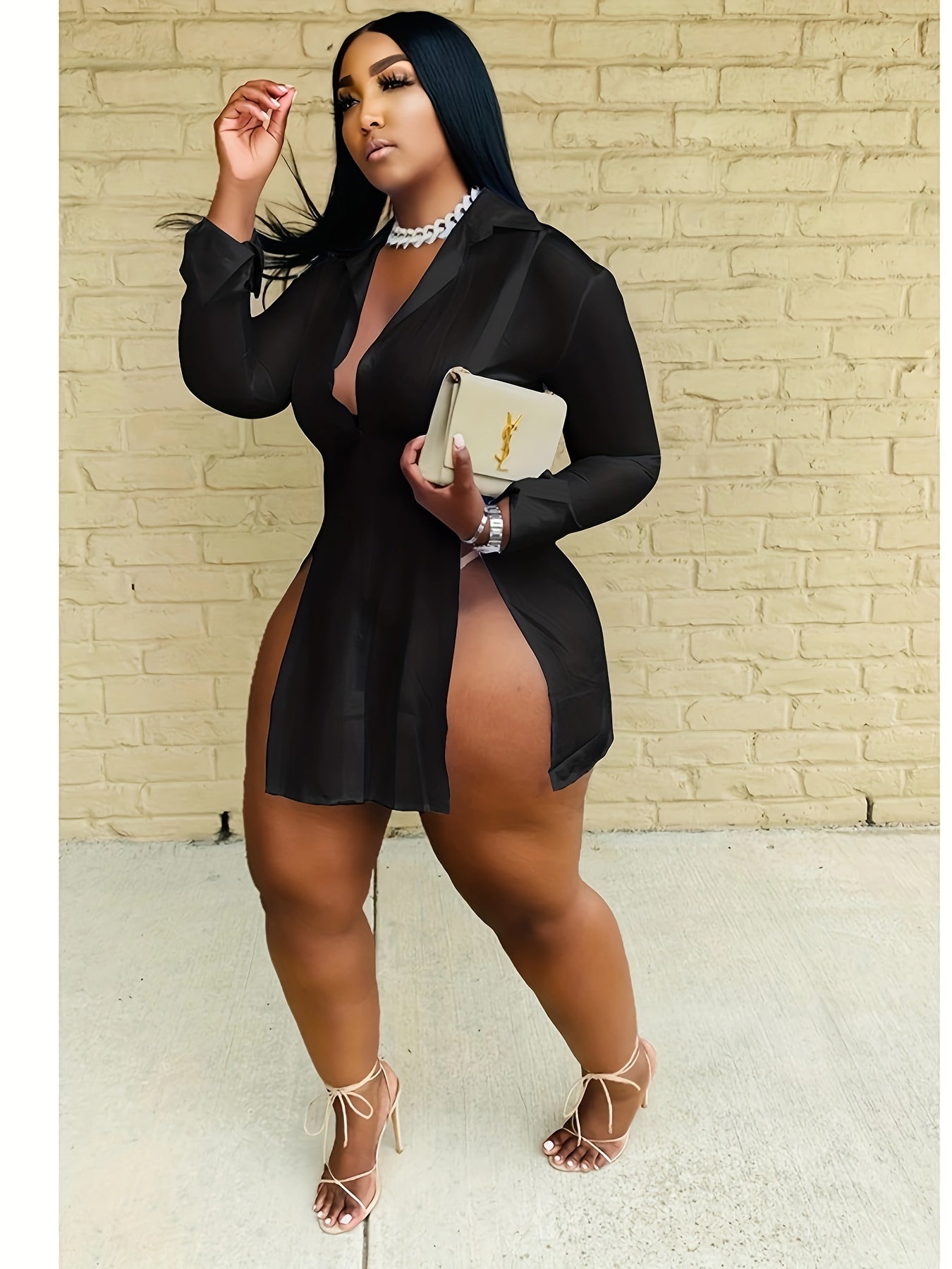 Women Button Down Shirts Dress Sexy Side Split Casual Long Sleeve Collared Slim Fit Blouses Tops