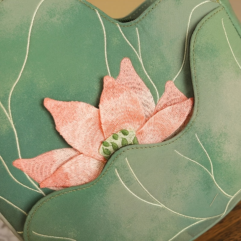 2025 New Chinese Style Women's Shoulder Bag - Exquisite Floral Embroidery Designer Handbag with Green & Pink for Lotus & Dragonfly, Zipper Closure, Lightweight Polyester Lining, Durable Oxford Fabric, Elegant Country Handbag