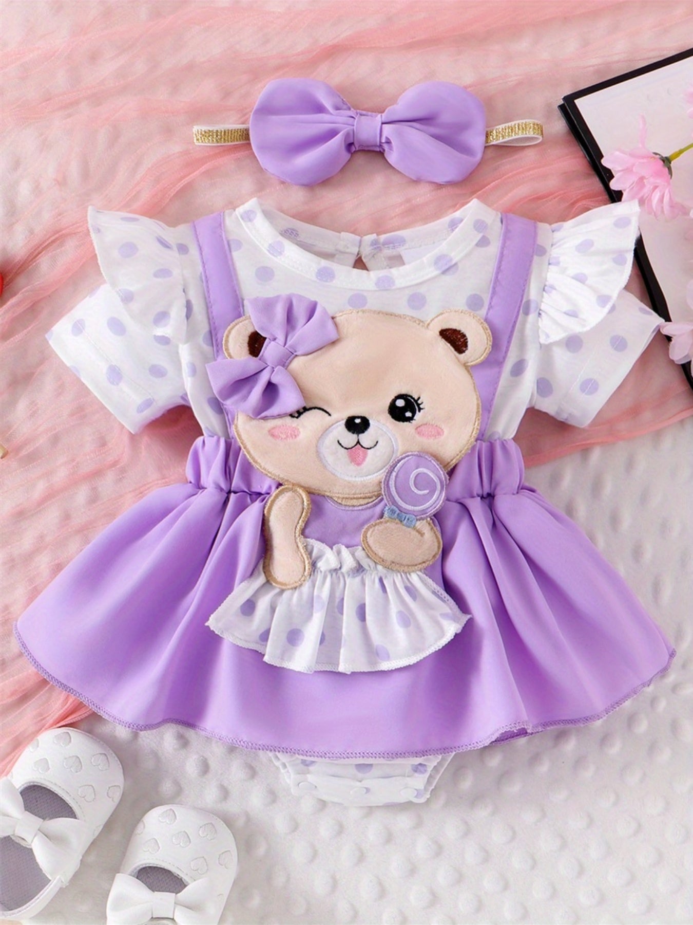 0- Cute Little Girl Summer Set Bear Embroidered Hoodie with Bow Headband and Short Sleeve jumpsuit, for Outdoor