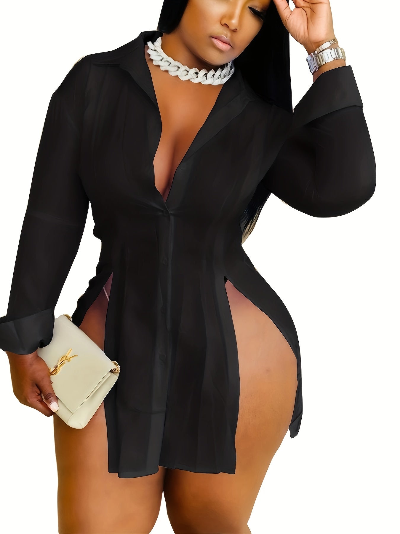 Women Button Down Shirts Dress Sexy Side Split Casual Long Sleeve Collared Slim Fit Blouses Tops