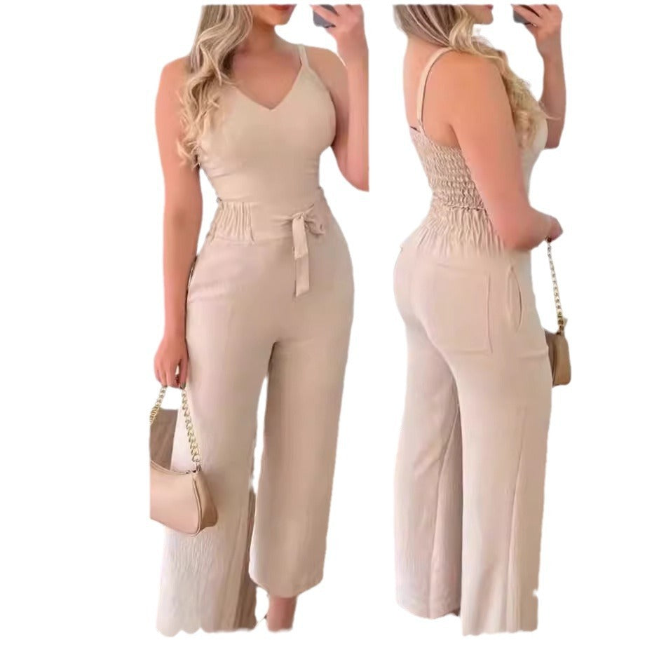 Women's Solid Color Slim Elastic Pleated Two-Piece Suit Sexy  Pants Suit