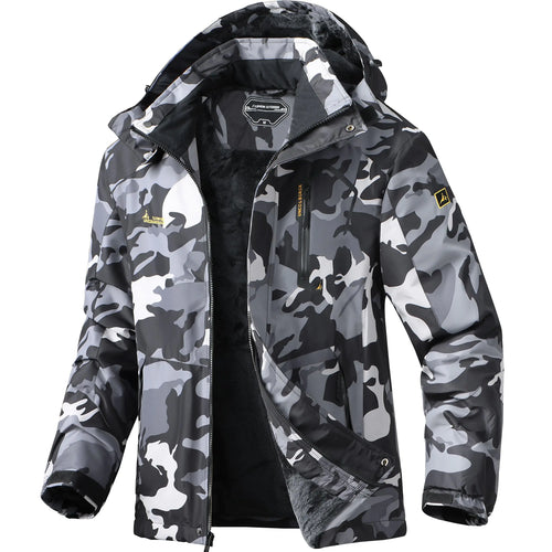 BOWOXO Winter Jacket for Men Skiing Warm Fleece Jackets Hooded Waterproof Rain Jacket Camo Thermal Snowboarding Jacket Windbreaker for Cold Weather(Camo2XL)