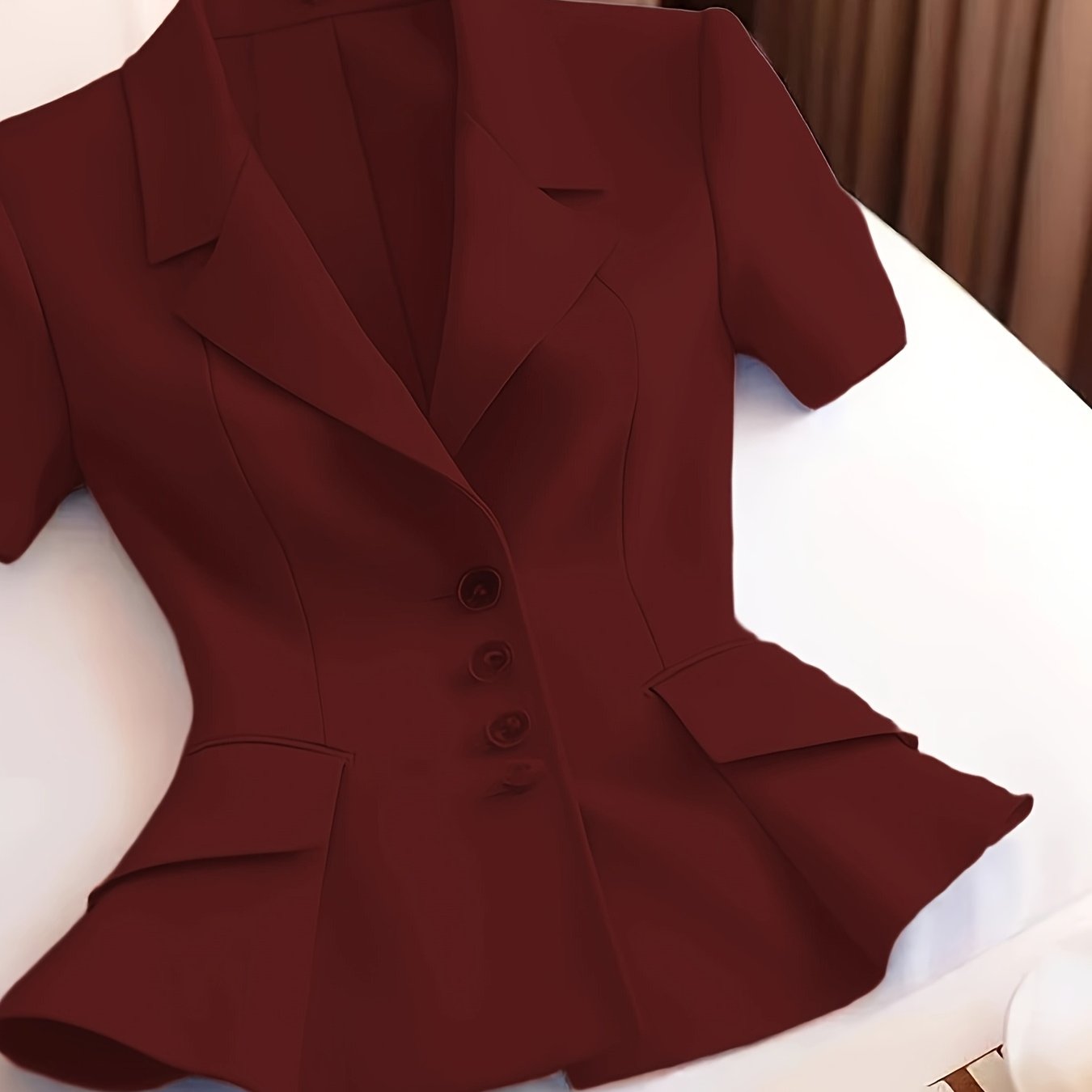 Elegant Women's Slimming Pink Blazer - Chic Short Sleeve, Button Front Jacket with Ruffled Hem, Polyester, Non-Sheer - Perfect for Office & Casual Wear