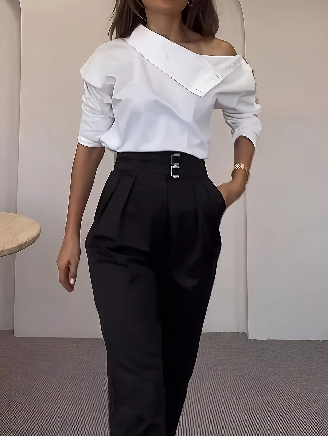 Women's Summer High Neck Long Sleeve Button-Up Shirt - Solid Color Machine Washable Office & Casual Top, Elegant Commuter Blouse with Classic Collar, Non-See-Through Professional Workwear, Decorative Buttons, Ladies Blouses