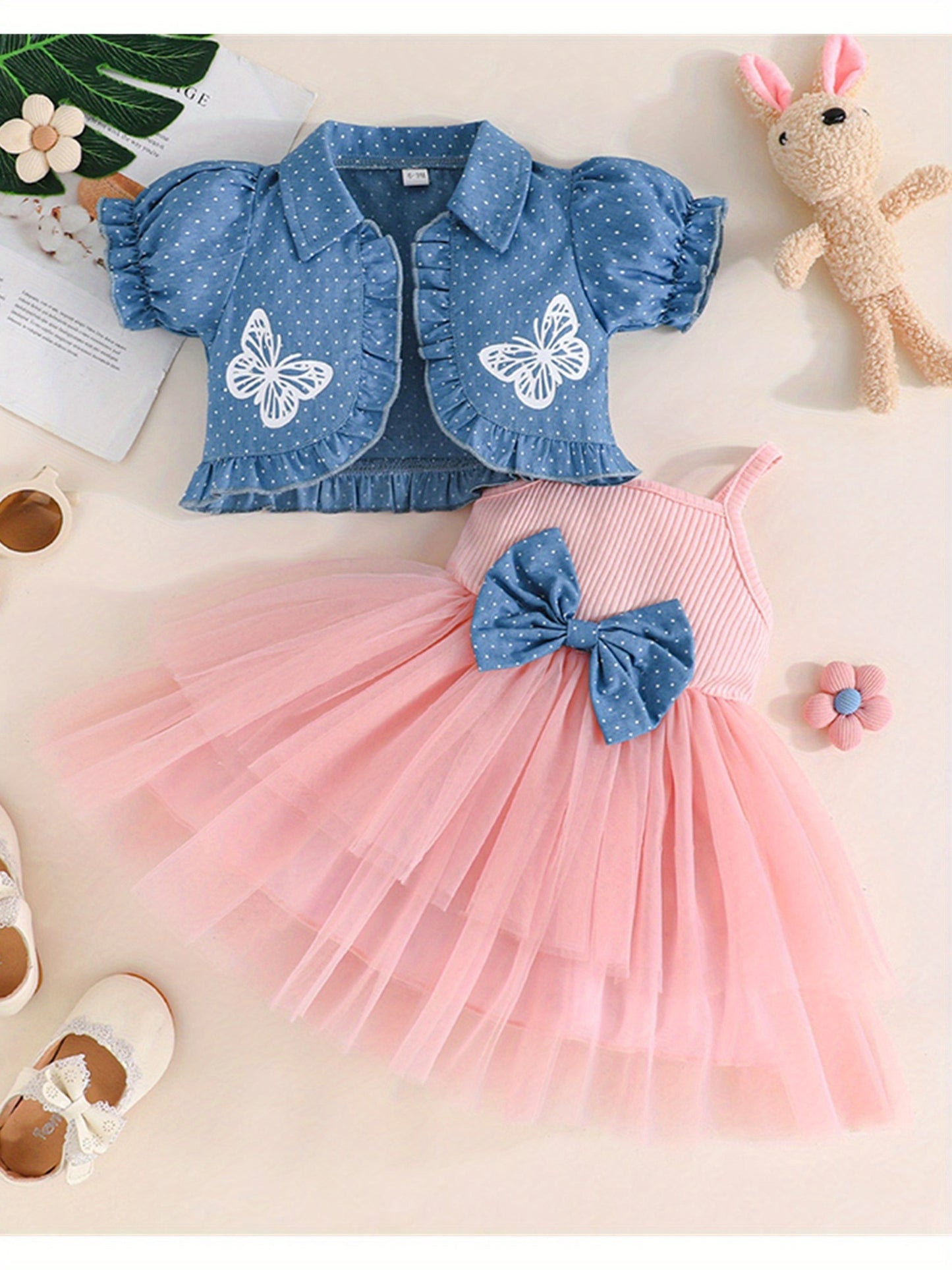 Youngsters Girl Summer Outfits Tulle Spaghetti Strap Bow A Line Dress with Dot Butterfly Print Short Puff Sleeve Cardigan, Perfect for Outdoor