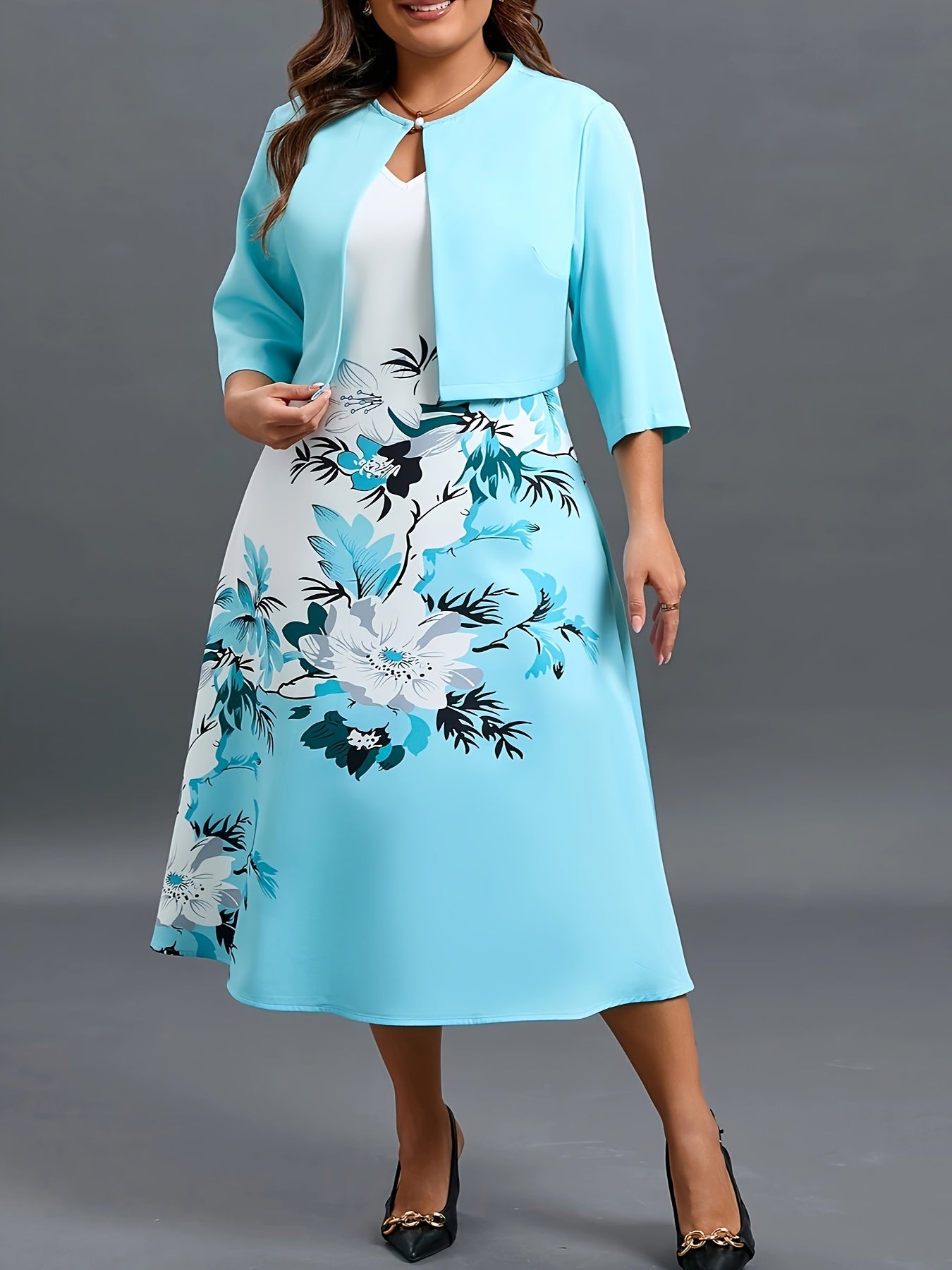 Elegant Floral Two-Piece Set for Women - Casual Chic with a Touch of Sophistication, Includes a Blazer and a Dress, Dressy Attire|Sophisticated Style|Woven Textur