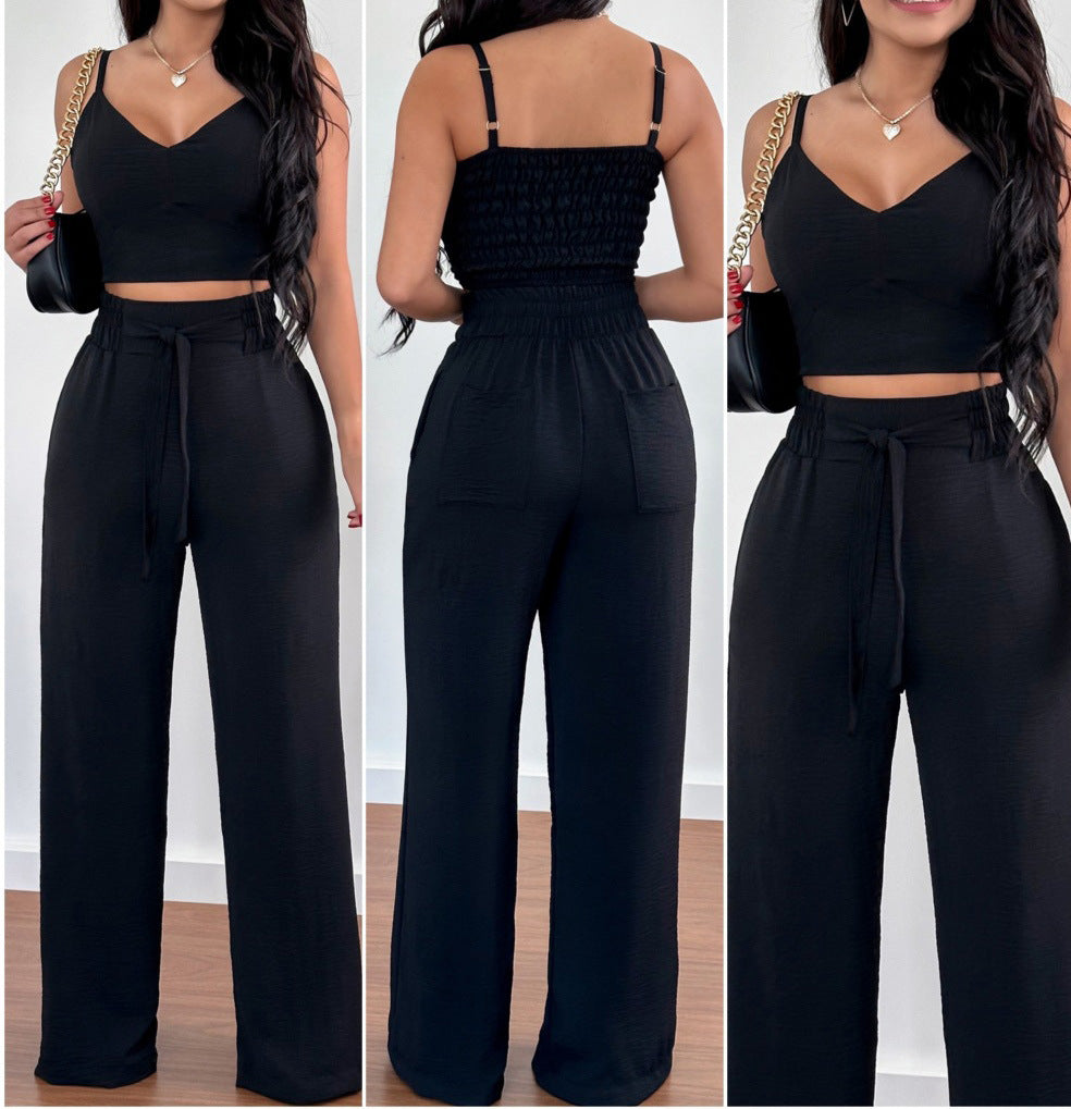 Women's Solid Color Slim Elastic Pleated Two-Piece Suit Sexy  Pants Suit