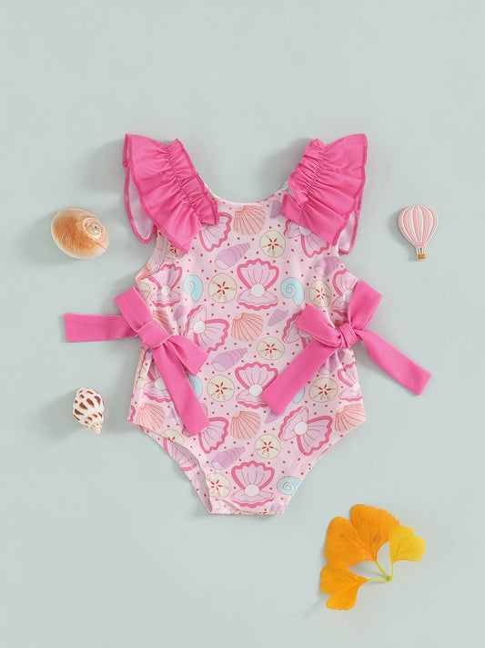 Toddler Girl Summer Tank Swimsuit Shell Print Romper Sleeveless U-Neck Bathing Suit Ruffled Beachwear