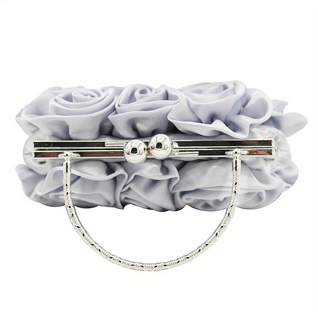Elegant Floral Fabric Clutch with Kiss Lock Closure, Polyester Lined Evening Handbag for Women - Perfect for Weddings, Parties & Formal Events, Wedding Purse | Floral Embellished Purse | Soft Pink Roses Design