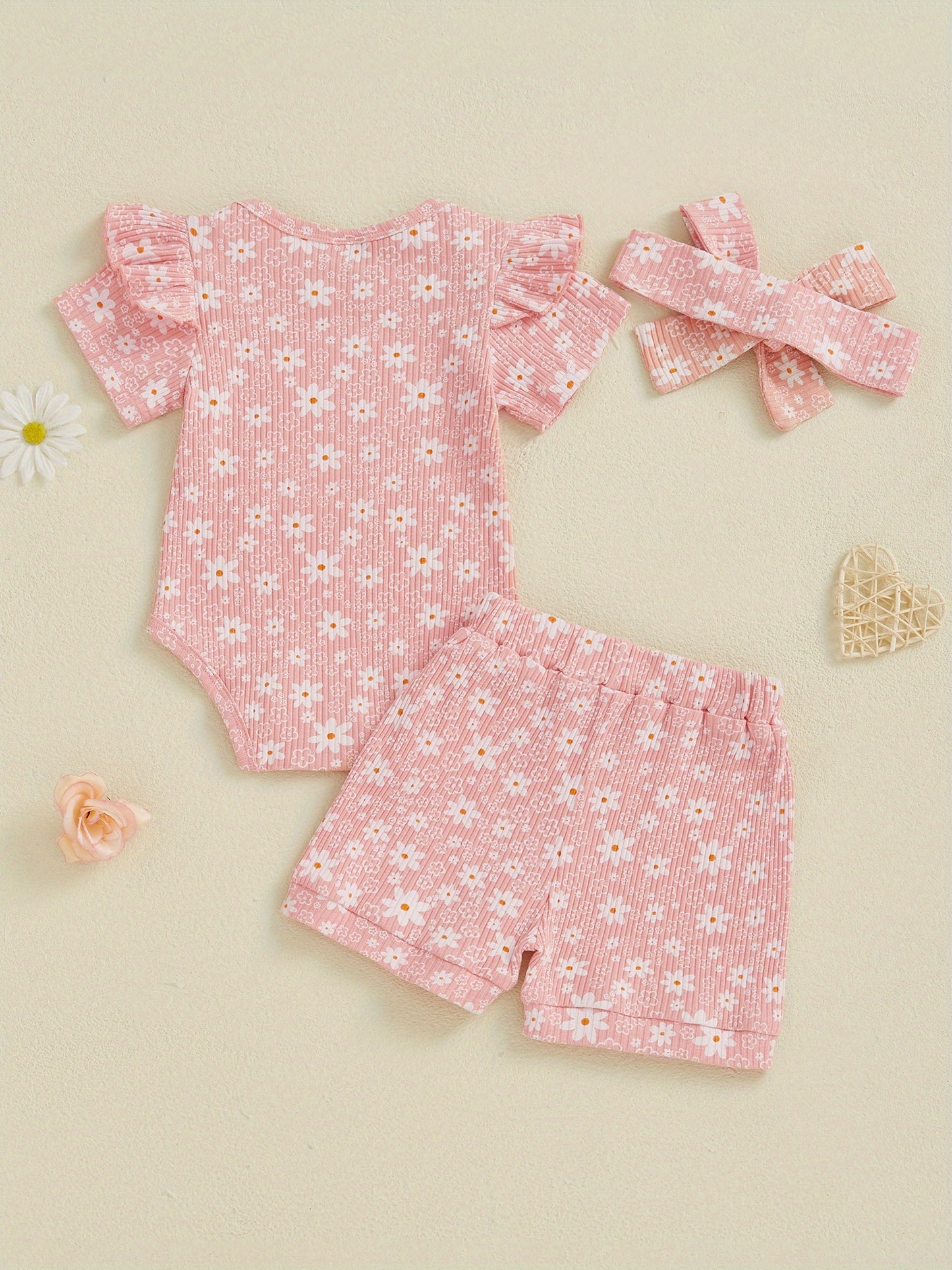 Baby Girl Summer Outfits Floral Print Crew Neck Short Sleeve Romper Shorts Headband 3pcs Clothes Set
