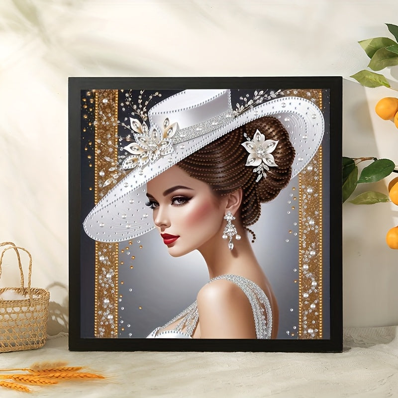 Elegant white sunshade hat Women's pattern diamond painting set, partially decorated with special shape crystal rhinestone home wall decoration DIY technology, (no border)