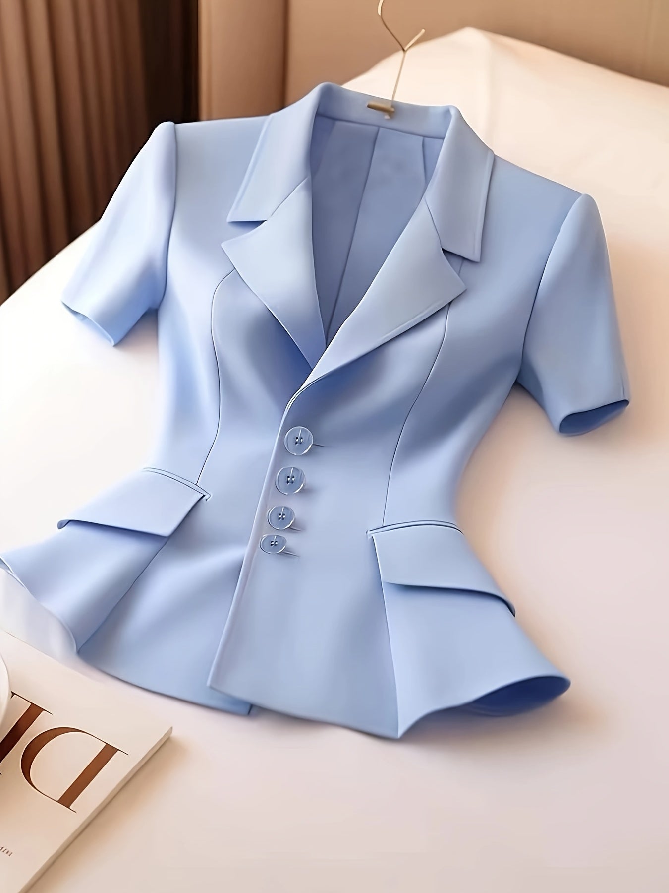 Elegant Women's Slimming Pink Blazer - Chic Short Sleeve, Button Front Jacket with Ruffled Hem, Polyester, Non-Sheer - Perfect for Office & Casual Wear