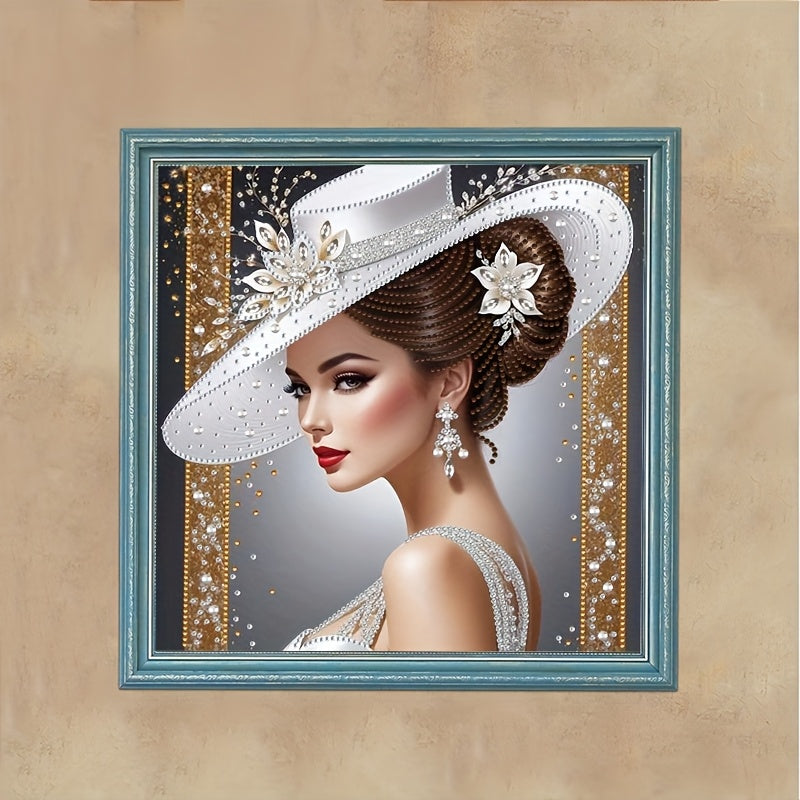 Elegant white sunshade hat Women's pattern diamond painting set, partially decorated with special shape crystal rhinestone home wall decoration DIY technology, (no border)