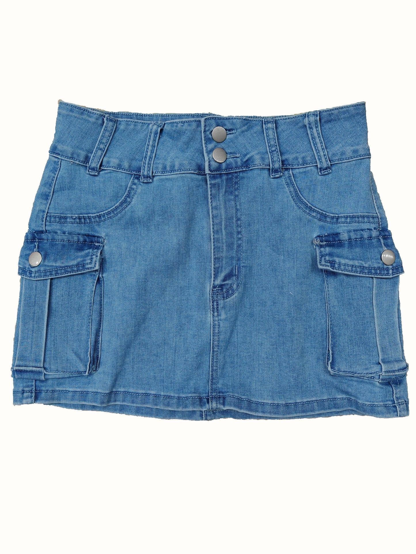 Multi-pocket Denim Cargo Skirts, Single Button Sexy Mid-stretch Denim Skirts, Women's Denim Clothing