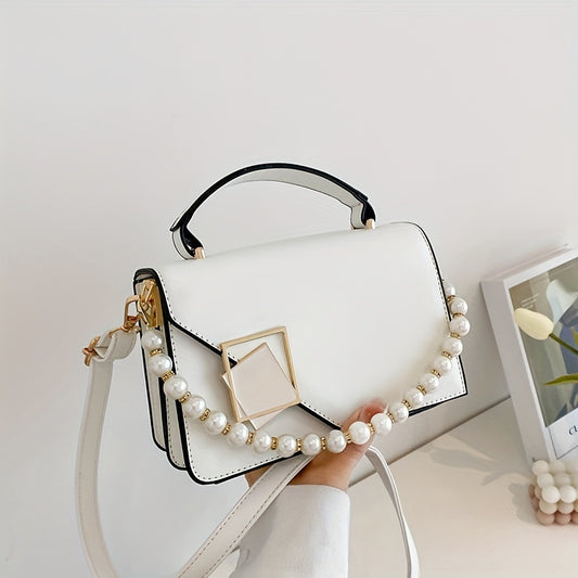 Fashion Square Handbag For Women, Faux Pearl Chain Decor Crossbody Bag, Metal Decor Flap Purse With Top Handle