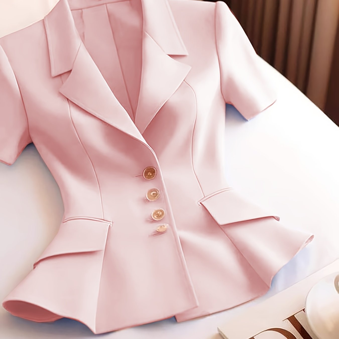 Elegant Women's Slimming Pink Blazer - Chic Short Sleeve, Button Front Jacket with Ruffled Hem, Polyester, Non-Sheer - Perfect for Office & Casual Wear